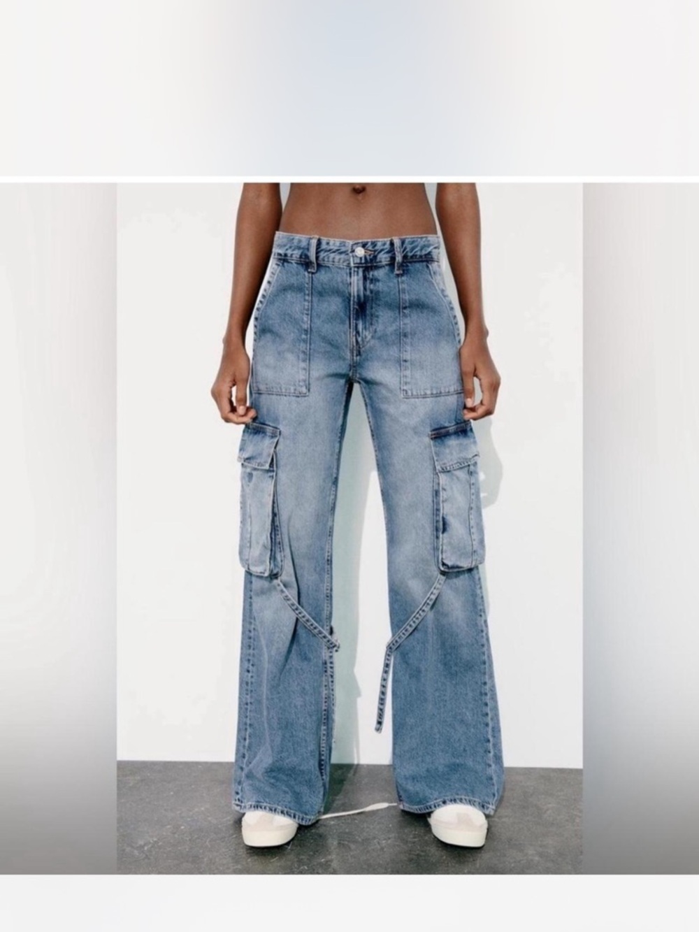 Zara Mid Wash Wide-Leg Cargo Jeans with Strap Detail